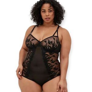 5X 28W Torrid Black Bodysuit Flames Embroidered Underwire Sheer Lingerie Pinup